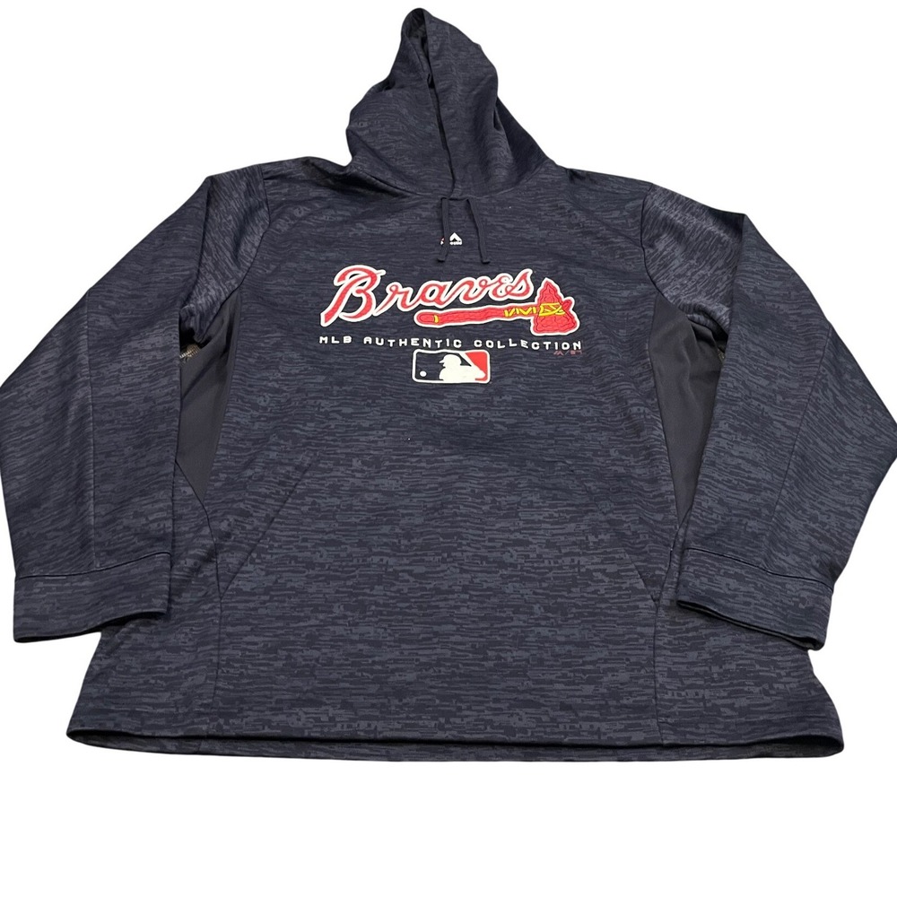 Majestic Hoodie Mens Large Navy‎ Blue Atlanta Braves MLB Authentic Pullover